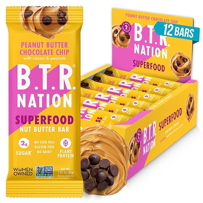 B.T.R. Nation Vegan Keto Superfood Protein Bars - Peanut Butter Chocolate Chip BLISS | (12) Bars | Low Carb Plant Based Gluten Free Free of Sugar Alcohols &amp Boosted with Powerful Superfoods!