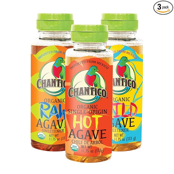 Chantico Agave Organic Sweetener (333g of each Variety 3 pack Raw Wild Hot) low Glycemic Index Vegan Sugar substitute Perfect for use in baking smoothies coffee tea yogurt