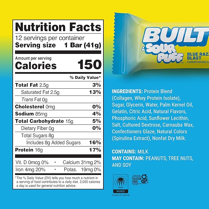 BUILT Bar Sour Puff Protein Bars - Blue Razz Blast - 16g Protein Snack Bars with Collagen - Calorie Conscious &amp Gluten Free - 12 Count