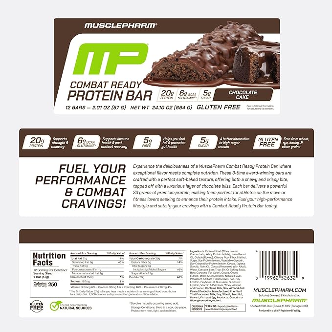 MusclePharm Combat Sport Bar Chocolate Cake Flavor High Protein Bars Combat Cravings Fuel Performance &amp Meet Energy Demands 20g Protein from Whey Protein 5g Fiber Gluten Free 12 Bars