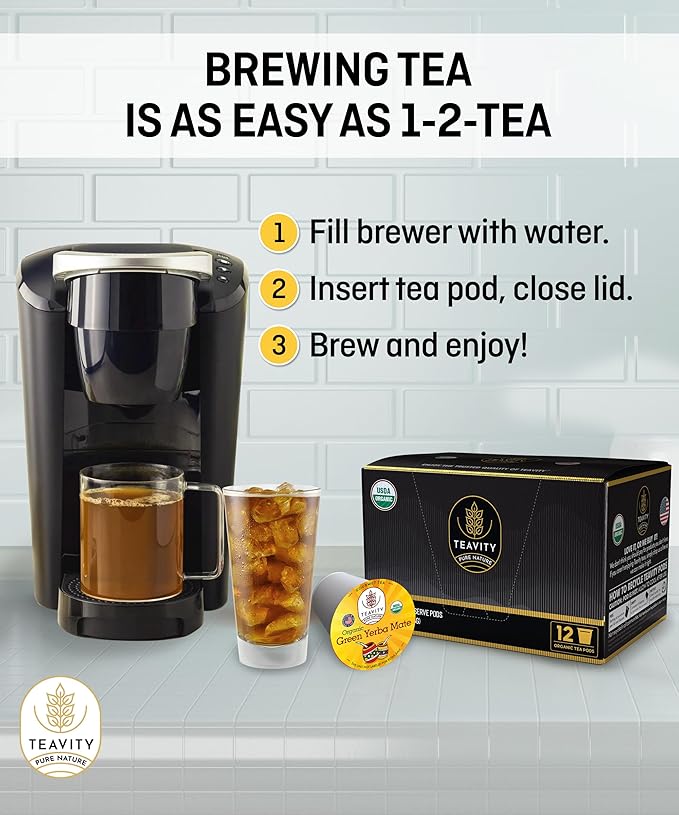 Organic Yerba Mate Tea Pods for Keurig - Green Unsmoked Yerba Mate by Teavity (36 Tea Pods)