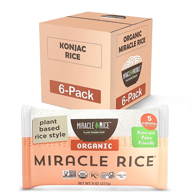 Miracle Noodle Organic Miracle Rice 8 Oz (Pack of 6) Plant Based Shirataki Konjac Rice 5 Calories 1g Net Carbs Per Serving Keto Gluten-Free