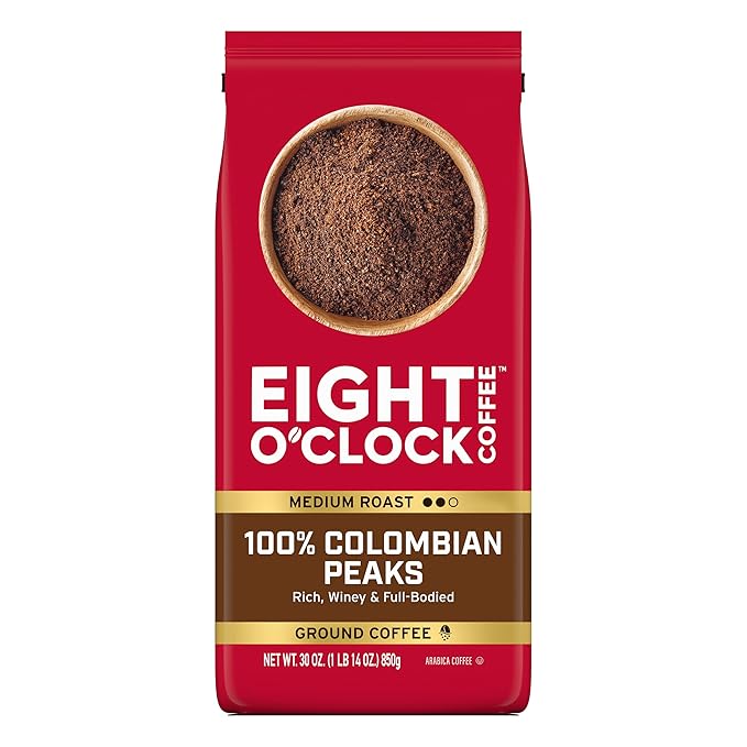 Eight O'Clock Coffee 100% Colombian Peaks Ground Coffee Medium Roast 30 Ounce (Pack of 1) - Rich Winey &amp Full Bodied