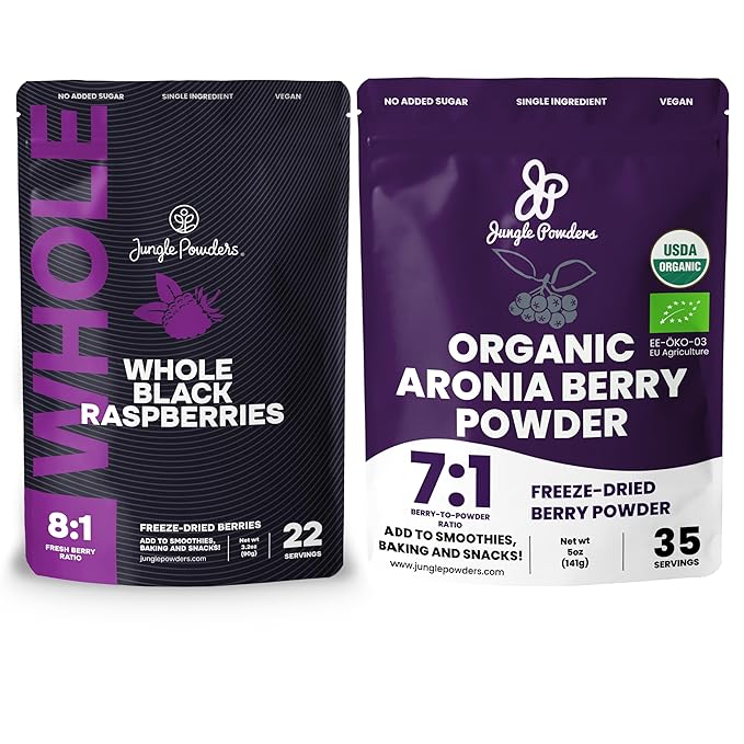 Jungle Powders Whole Black Freeze Dried Raspberries 3.2oz &amp Organic Aronia Berry Powder 5oz - No Sugar Added Antioxidant-Rich Superfoods for Snacking Baking Smoothies and Immune Support