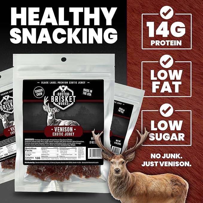 VENISON JERKY - Premium Deer Meat - Wild Game Snack - Gift for Hunters &amp Outdoorsman - Cool Meat Lover Present for Dad Brother