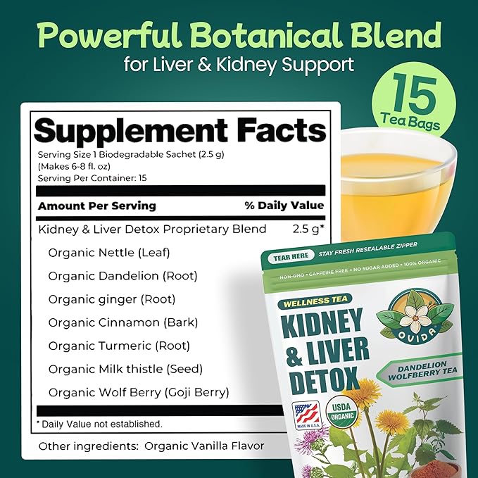Ovida Dandelion Wolfberry Tea – Natural Kidneys &amp Liver Health Tea Organic Herbal Tea with Milk Thistle Turmeric &amp Goji Berry Seven Herbal Ingredients Natural Blend for Daily Wellness 15 T