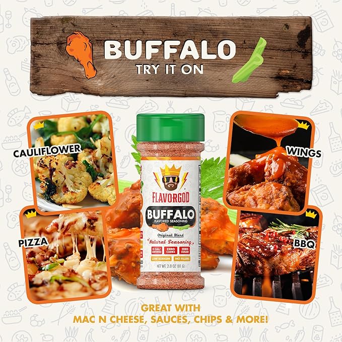 Buffalo Seasoning Mix 2 Bottles by Flavor God - Premium All Natural &amp Healthy Spice Blend for Grilling Chicken Beef Seafood Vegetables Hot Wings French Fries &amp Cauliflower - Kosher Glut