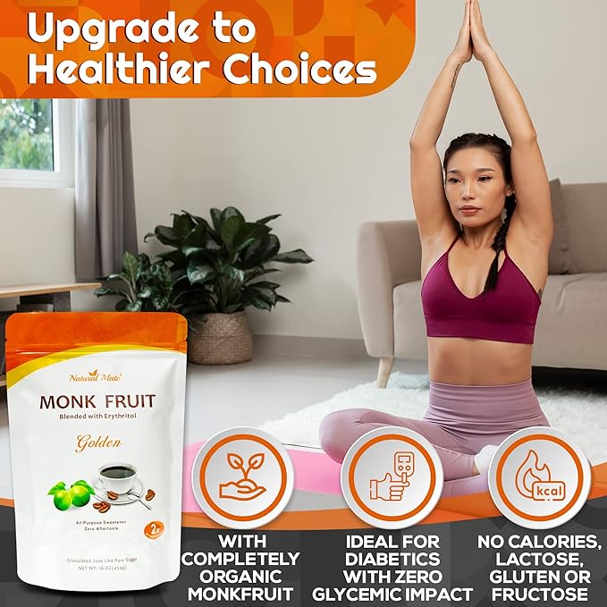 Monk Fruit Zero Calorie Sweetener (2x Sugar Sweet Golden) 16 oz - Granular Powder Blended with Erythritol - Sweet Natural Alternative to Xylitol and Stevia - Sugar Replacement for Keto Paleo Low G