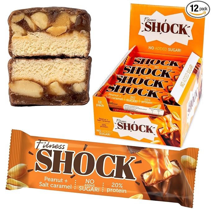 FitnesSHOCK Peanut Salted Caramel Protein Bars – Low Sugar Snack Bar (1g Sugar 0g Added Sugar) – 10g Protein – Dessert-Inspired Snack – 12 Count