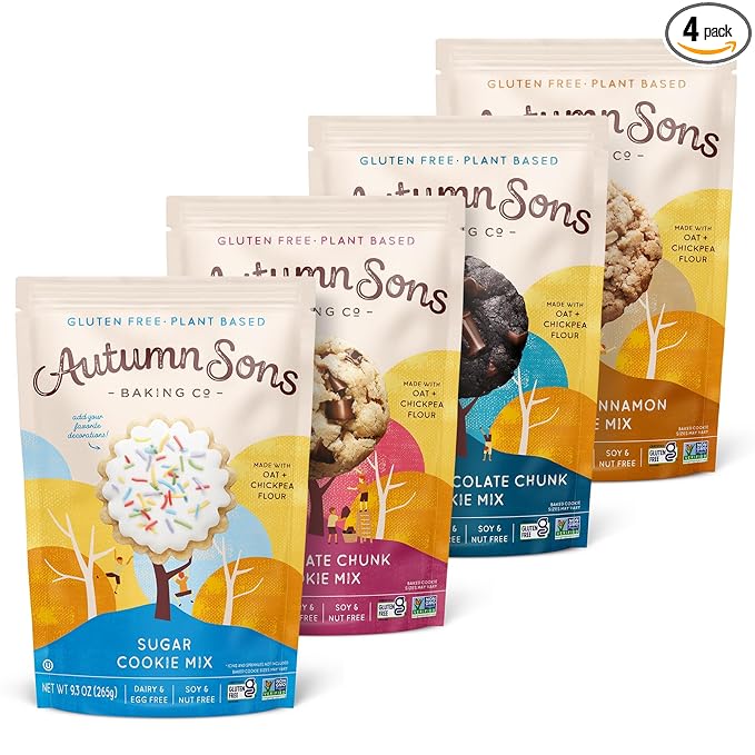 Autumn Sons Baking Co. Gluten Free Cookie Mix Variety Pack. Sugar Cookie Chocolate Chunk Double Chocolate Chunk &amp Oatmeal Cinnamon. Vegan Plant Based Baking Mix. Top 9 Allergen Free. 9.3 oz (Pac