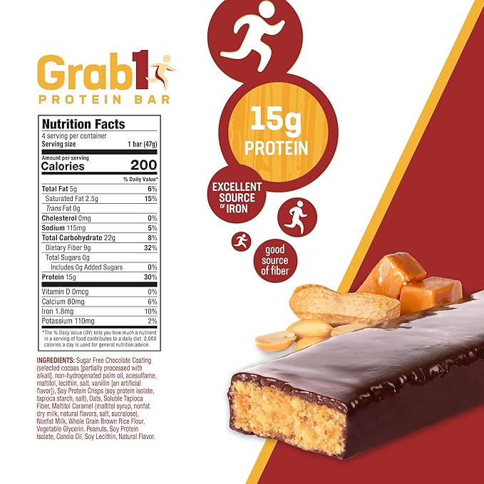Grab1 Sugar Free Protein Bars Peanut Caramel (3 Pack- 12 Bars) | Delicious and Nutritious | Low Calorie | Only 2g Sugar