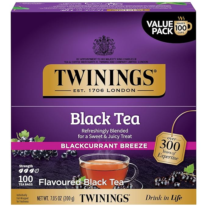 Twinings Blackcurrant Breeze Black Tea Individually Wrapped Bags 100 Count (Pack of 1) Sweet Tangy Taste Caffeinated Enjoy Hot or Iced 100 Teabags