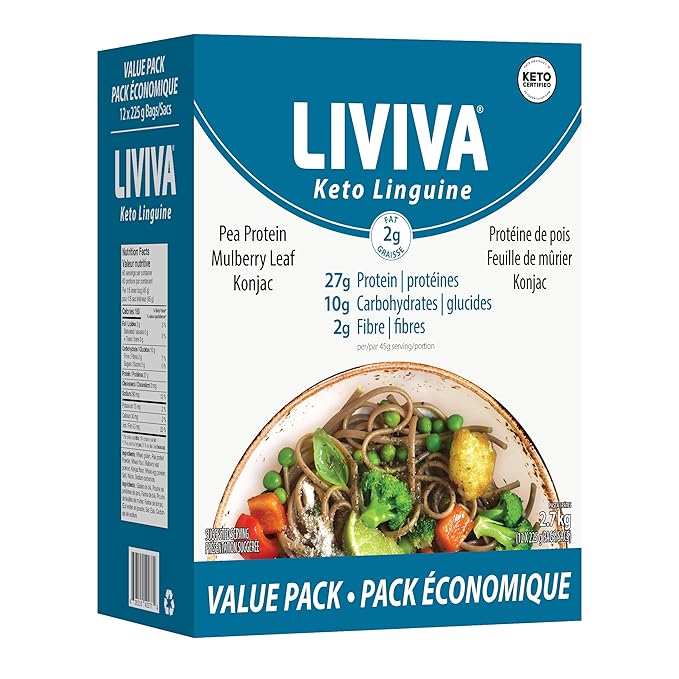 LIVIVA Low Carb High Protein KETO Value Pack Shirataki Pasta – 135 g Protein per Box with Pea Protein &amp Konjac Flour - 8g Net Carbs Diabetic-Friendly - Healthy Al Dente Pasta (12 Pack Linguine P