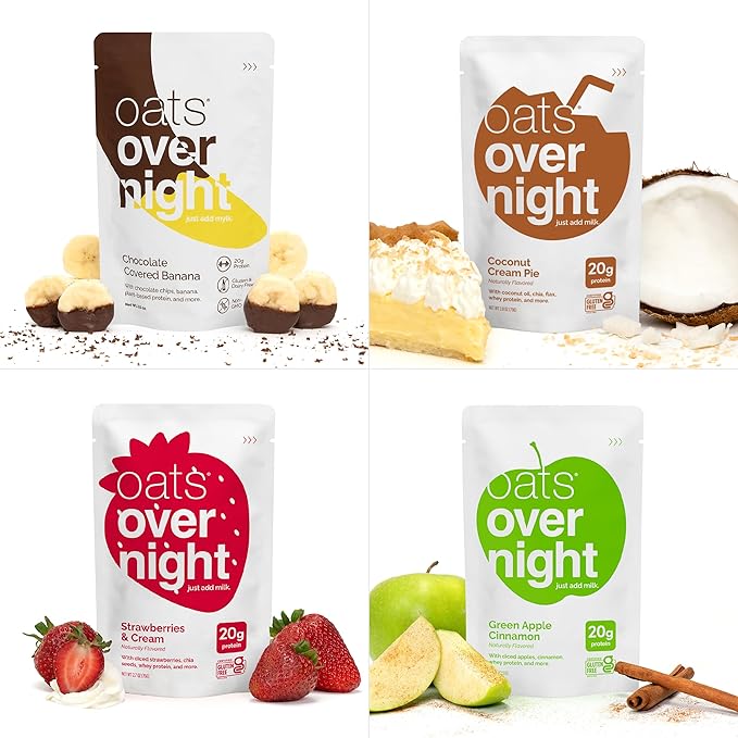 Oats Overnight Fruit Variety Pack - High Protein High Fiber Breakfast Protein Shake - Gluten Free Oatmeal Non GMO High Protein Oatmeal - Fruity Cereal Chocolate Covered Banana &amp More (24 Pack)