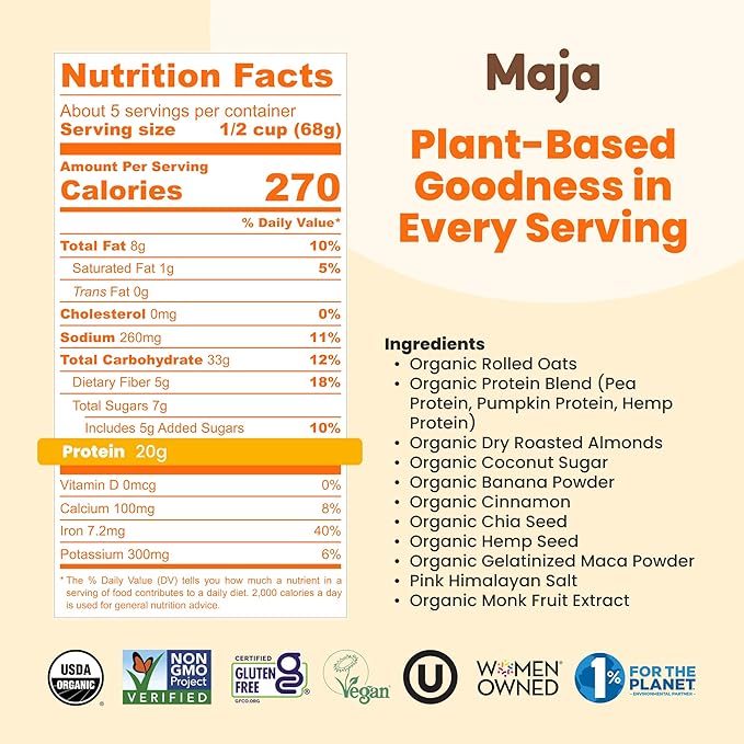 Maja Organic Plant-Based Protein Banana Bread Overnight Oats 13 oz Multi-Serve (2-Pack) | 20g Protein Vegan Gluten-Free Instant Oatmeal | Quick &amp Filling Breakfast with Clean Ingredients