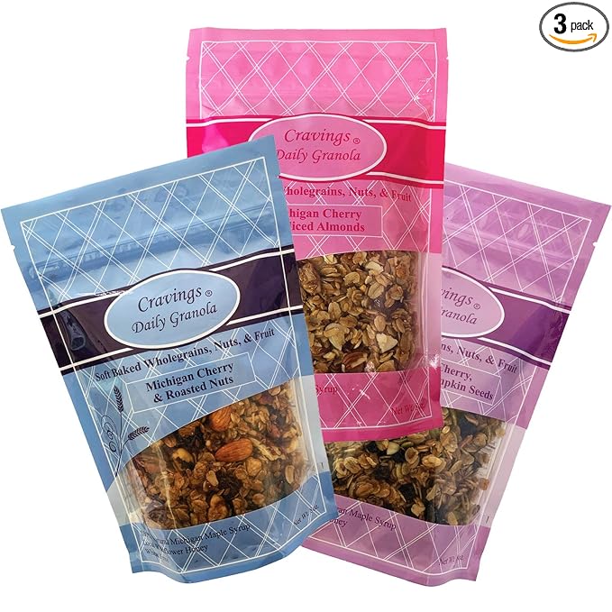 Cravings Daily Granola Variety- 3 Pack- Michigan Cherry &amp Roasted Nuts Blueberry Cherry Cranberry &amp Pumpkin Seed and Michigan Cherry &amp Sliced Almond