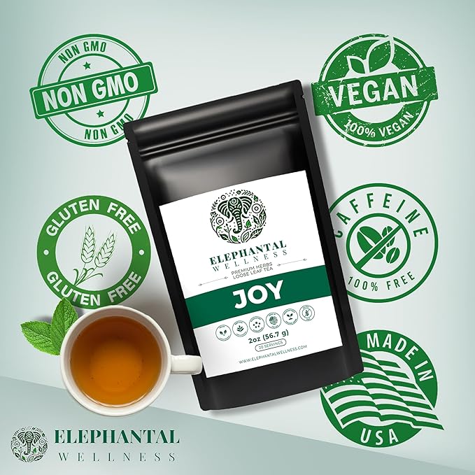 Elephantal Wellness Premium Joy Herbal Tea | Mood &amp Emotional Balance Support with St. John’s Wort Kava Ginkgo &amp Lavender | Handmade Non-GMO Caffeine-Free Loose Leaf Blend 2oz 20 Serving