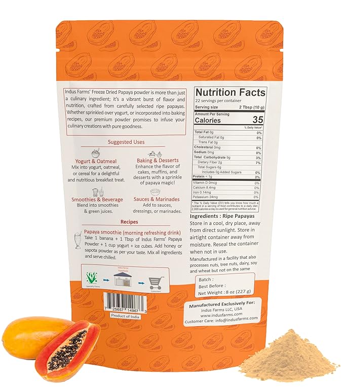 Indus Farms Freeze-Dried Papaya Fruit Powder | 100% Pure Additive-Free Vegan Non-GMO | Natural Tropical Flavor for Smoothies Yogurt Baking Desserts &amp Wellness Drinks | 8 oz