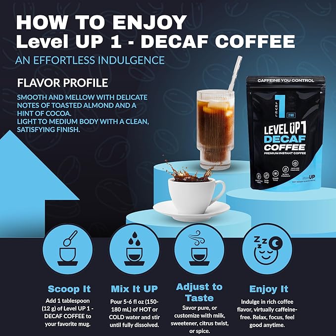 Level Up Premium Decaf Instant Coffee Sugar Free 30 Servings 10.58 oz (L1 - DECAF 2MG)