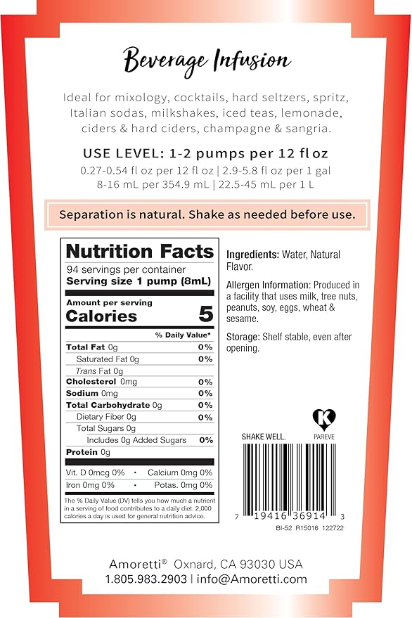 Amoretti - Spicy Beverage Infusion - Drink Mix &amp Water Enhancer with Pump for Flavoring Cocktails Waters Teas and other Beverages 94 Servings Per Bottle (750 ml) Preservative Free