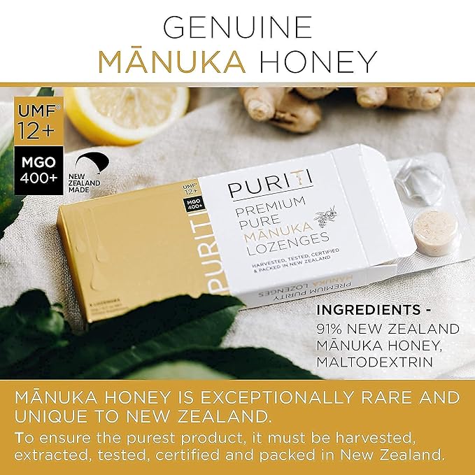 PURITI Manuka Honey Lozenges UMF 12+ (16 Pack) Manuka Honey UMF 10+ | Premium Sugar Free Throat Soothers for Coughs &amp Sore Throats | Premium Quality Authentic Superfood from New Zealand