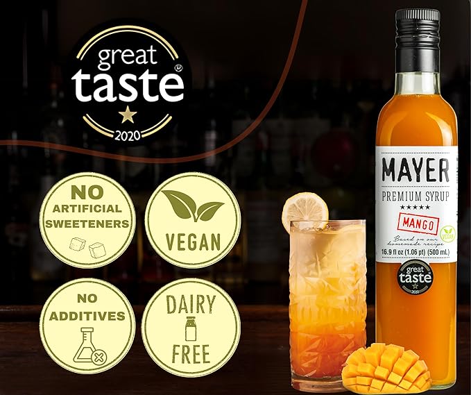 Mayer Mango Syrup for Drinks &amp Cocktails – Handcrafted in Hungary Natural Mango Flavoring Syrup – Handcrafted with 100% Real Fruits for Martini Mocktail Smoothie Lemonade Pancakes Ice Cream
