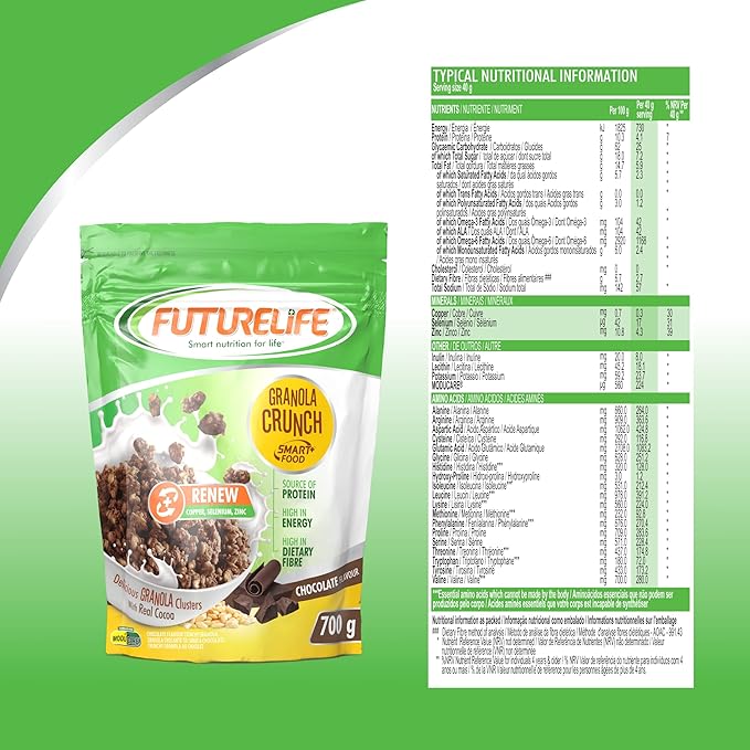 FUTURELIFE Smart Food Crunch Granola | 700g/24.7oz | 7g Protein | High Energy | Contains Probiotics | Rolled Oats | High In Dietary Fiber | (Chocolate 4)