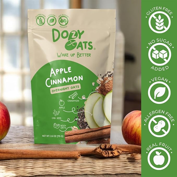 Dozy Oats Overnight Oatmeal Packets Apple Cinnamon Multipack with Rolled Oats Chia Seeds Date Powder and Dried Fruit. Gluten-Free Natural Source of Protein and Fiber 12-Pack