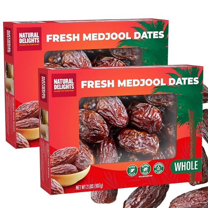 Natural Delights Medjool Dates Whole - Non-GMO Verified Fruit Good Source of Fiber &amp Potassium Naturally Sweet Snack for On-the-Go Large &amp Plump Dates - Bulk 2 lb Box (Pack of 2)