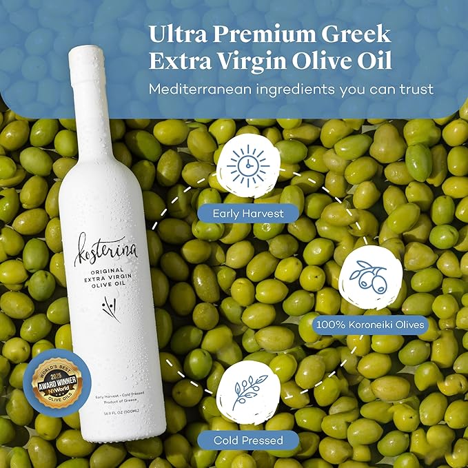 Kosterina Original Extra Virgin Olive Oil | Polyphenol Rich Greek Olive Oil Cold-Pressed EVOO Early Harvest Koroneiki Olives | High Antioxidant Natural Superfood | Harvested in Greece (16.9 oz)