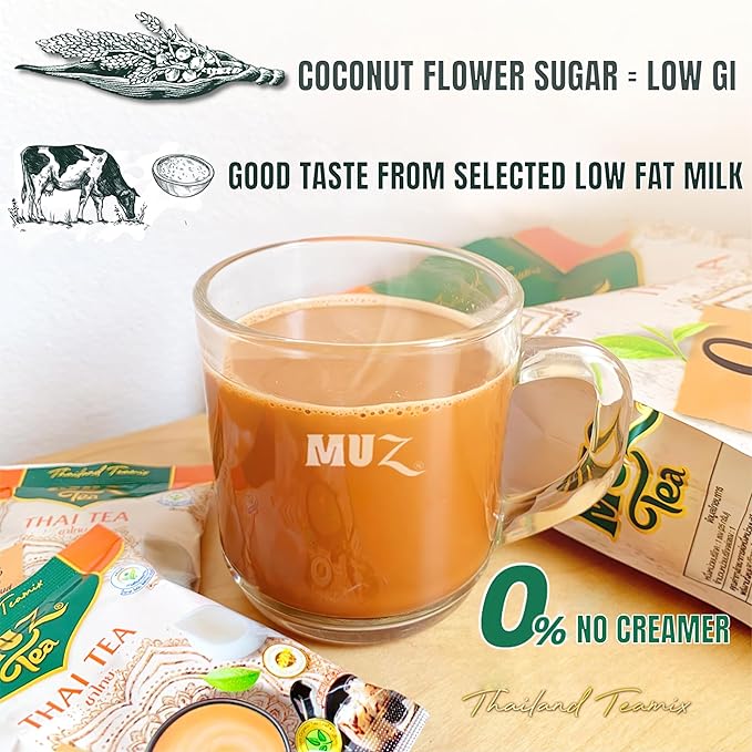 MuzTea Thai Tea Mix Milk Tea Powder 3 in 1 Instant Thai Tea Drink Packets Authentic Assam Tea Leaves For Hot Ice Tea No Artificial Color 15 Sachets (Thai Milk Tea)
