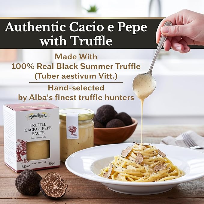TartufLanghe Cacio e Pepe Truffle Sauce – Authentic Italian Pasta Sauce with Black Truffle &amp Pecorino Romano Cheese for Risottos Gnocchi Ravioli Imported from Italy - 6.34 OZ (Pack of 1)