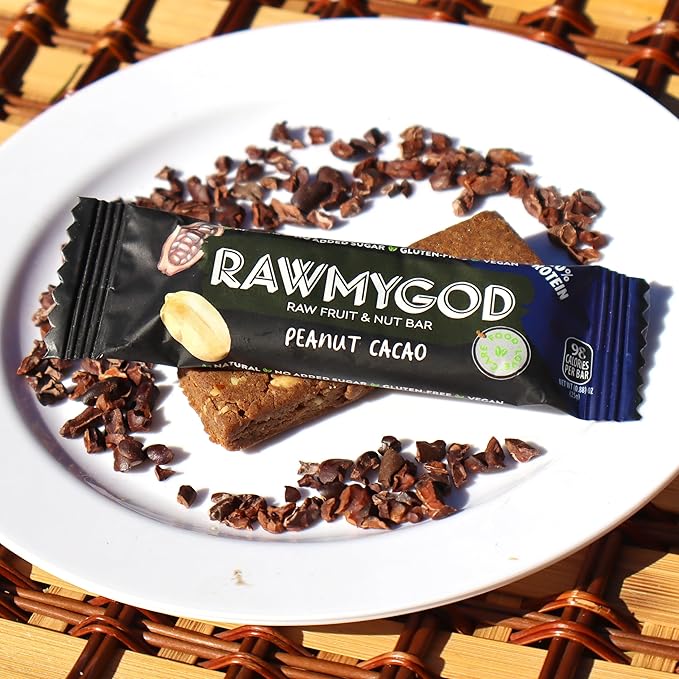 RAWMYGOD Fruit and Nut Bars Good Source of Protein (5g 20% protein content) Gluten Free Vegan No Added Sugar (20 bars Peanut &amp Cacao)