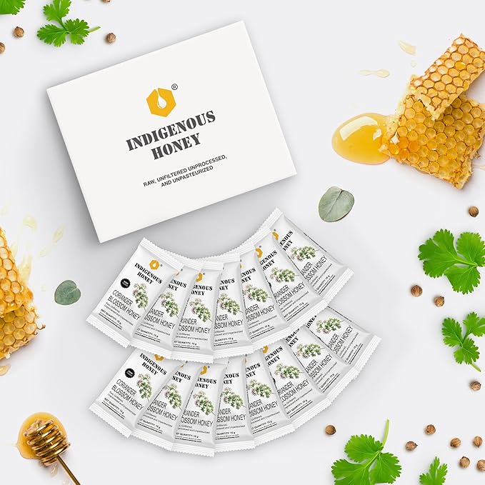 INDIGENOUS HONEY Organic Coriander Honey Natural Raw Pure Unprocessed Added Sugar Free NMR Tested Unpasteurized Unheated 15 Gift Sachets 15g Each Total 225g