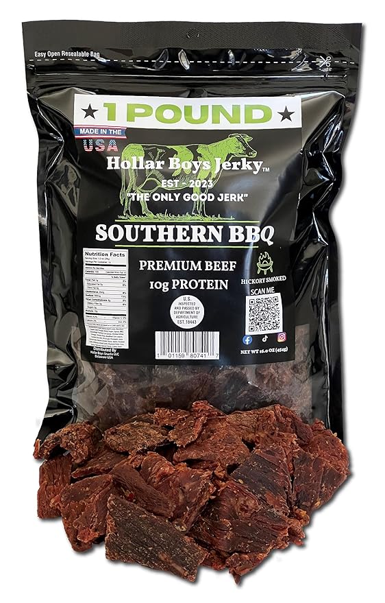 Hollar Boys Snacks Southern BBQ Beef Jerky One Pound Resealable Bag Low Carb USA Made
