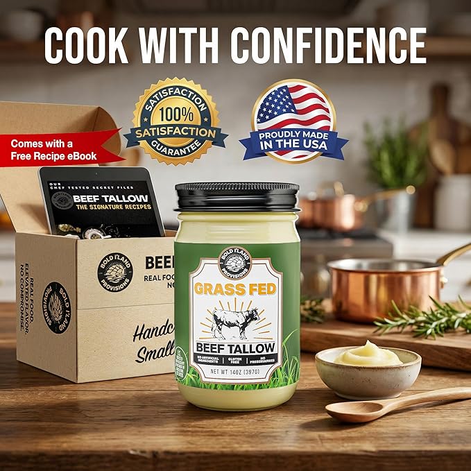 100% Pure Grass Fed Beef Tallow for Cooking – Clean Non-Seed Oil Cooking Fat - Keto and Paleo Diet Friendly – Perfect for Whole 30 – Carnivore Diet – Gluten Free Protein Snacks for Adults – Made in th