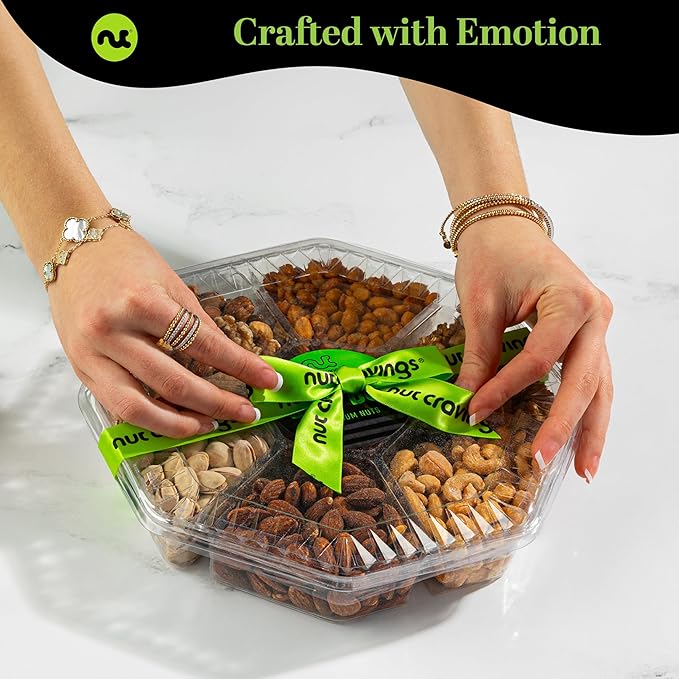 NUT CRAVINGS - Easter Mixed Nuts Gift Basket + Green Ribbon (7 Assortments 2.2 LB) Ramadan Gifts Saint Patrick's Day Treats for Adults Food Arrangement Healthy Snack Care Package Kosher