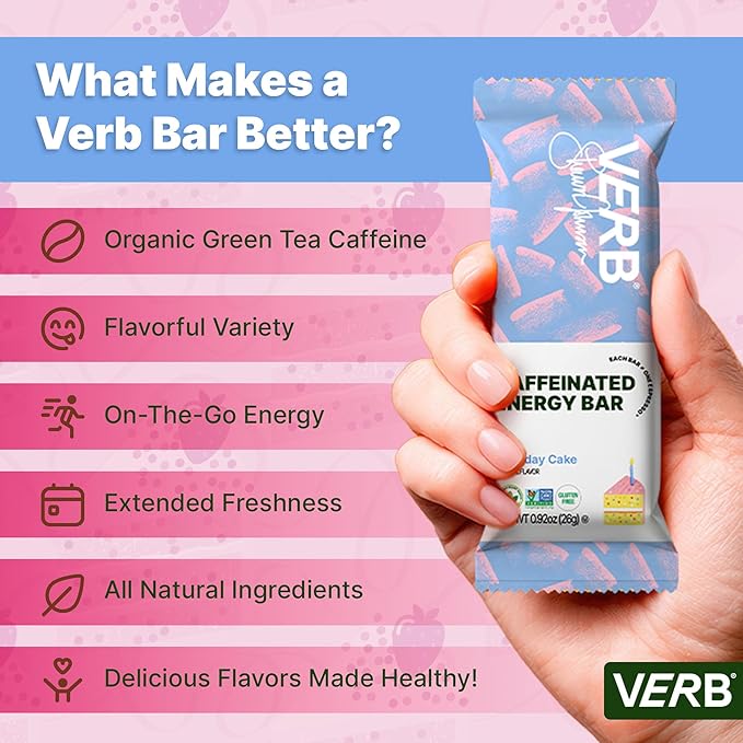 Verb Caffeinated Energy Bars Birthday Cake (26g Pack of 16) 110-Calorie Delicious Low Sugar Energy Bar - Vegan Gluten Free On-the Go Snack with 80mg Green Tea Caffeine Only Real-Food Ingredients
