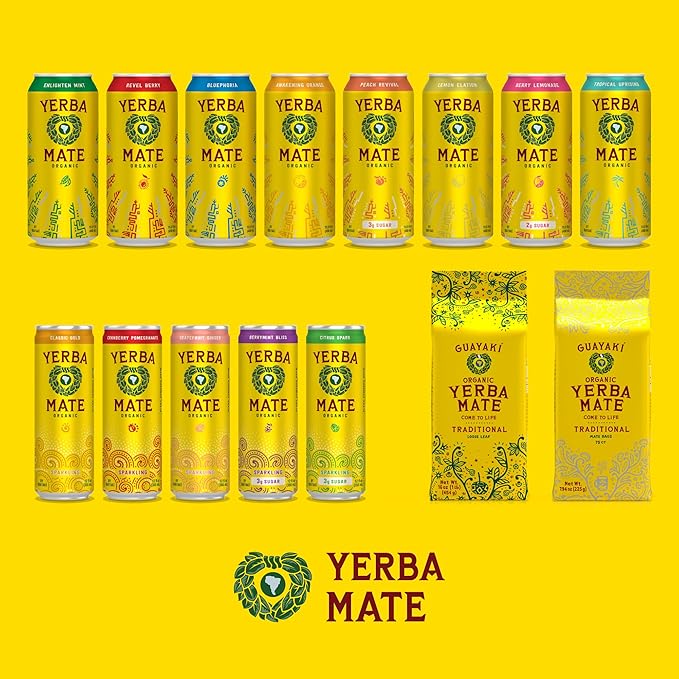 Yerba Madre Organic Organic Sparkling Yerba Mate Classic Gold 80mg Natural Plant Based Caffeine Smooth Energy &amp Focus Carbonated 12 Oz (Pack of 12) (Packaging May Vary)
