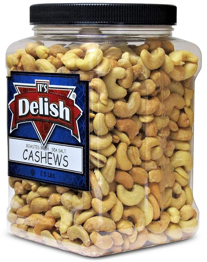 Roasted &amp Salted Cashews by It’s Delish – 2.5 lbs Jumbo Container – Roasted with Sea Salt – Kosher Long-lasting Jar – Energetic Healthy Snack