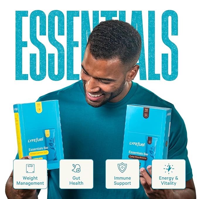 LyfeFuel Essential High Protein Bars | Meal Replacement Vegan 12g Plant-Based Low Carb Protein Bars for Intermittent Fasting - High Fiber MCT Oil 21 Organic Vitamins &amp No Sugar | 10 Servings |