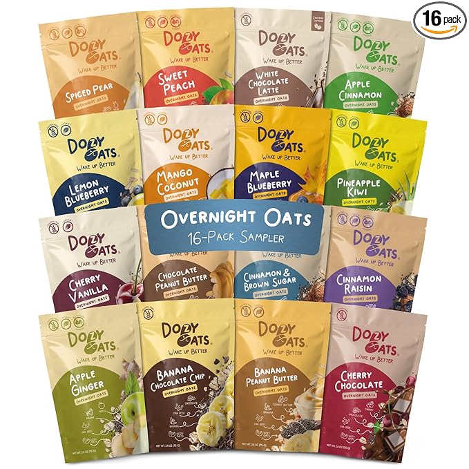 Dozy Oats Overnight Oatmeal Packets Sampler Box with Rolled Oats Chia Seeds Date Powder and Dried Fruit. Gluten-Free Natural Source of Protein and Fiber 16-Pack