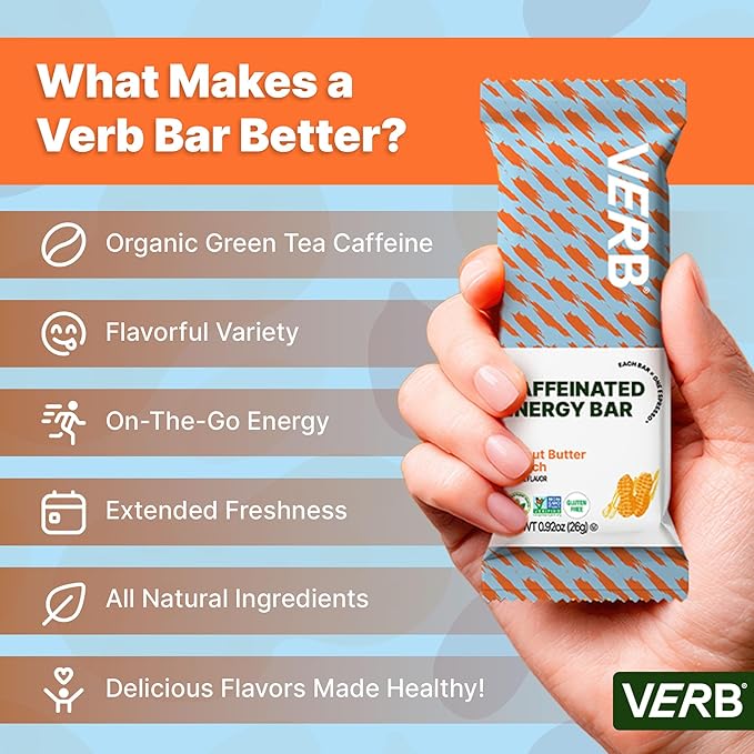 Verb Caffeinated Energy Bars Peanut Butter Cookie (26g Pack of 16) 110-Calorie Delicious Energy Bar - Vegan Gluten Free On-the Go Snack with 80mg Green Tea Caffeine Only Real-Food Ingredients