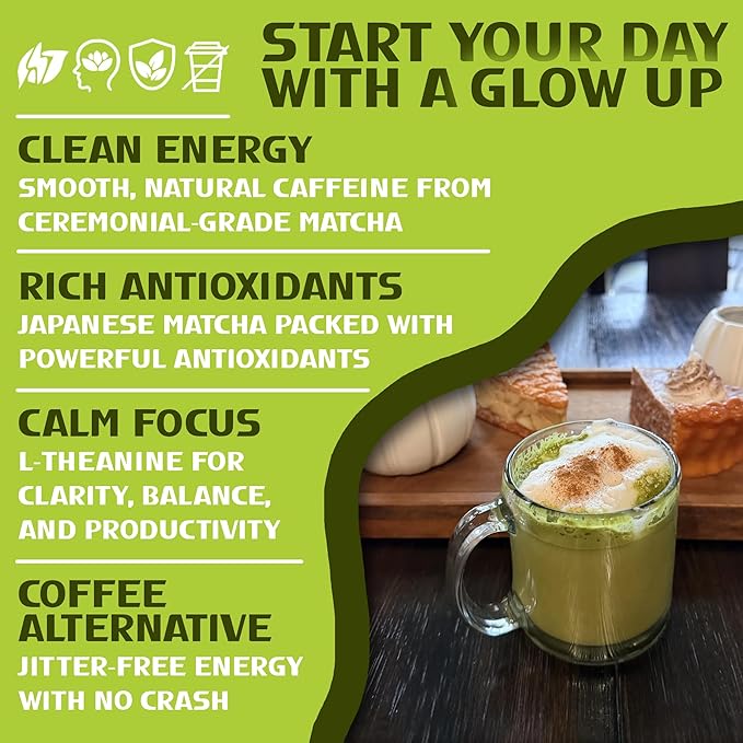 Slim &amp Glow Matcha Latte Powder – Collagen Peptides Organic Matcha Inulin Prebiotic Fiber Green Tea Extract Biotin – Gut Health Craving Control – 14 Servings