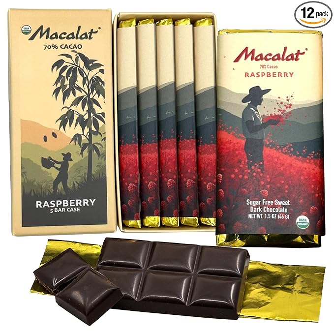 Macalat Raspberry Bar Sugar-Free Sweet Dark Chocolate with Organic Raspberry 70% Peruvian Organic Cacao Bitter-Free Allulose and Monkfruit Chocolate Bar Vegan Non-GMO Keto (12 Bar Case)