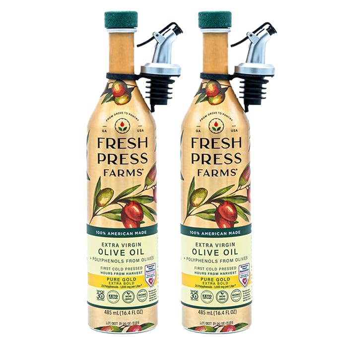 Fresh Press Farms Cold Pressed High Polyphenol Pure Gold Extra Virgin Olive Oil 16.4 Fl Oz (Pack of 2) Georgia Grown 100% American Made Unrefined Certified Whole30 Non-GMO Keto Paleo Gluten F