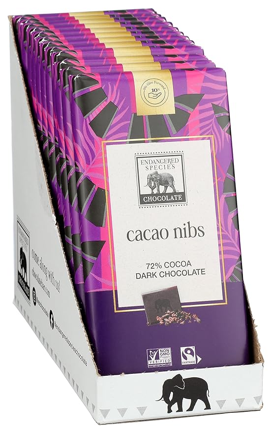 Endangered Species Cacao Nibs 72% Cocoa Dark Chocolate Bar Fair Trade Vegan Friendly Kosher Gluten Free &amp Non-GMO 3 Ounce (Pack of 12)
