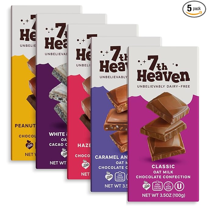 7th Heaven Vegan Oat Milk Chocolate Bar Variety Pack Classic Chocolate Sea Salt Caramel Cookies &amp Cream Hazelnut Crunch &amp Peanut Butter Cream (3.5oz Full Size Candy Bars - 5 Packs) - Perf