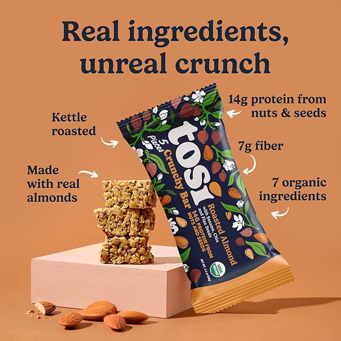 Tosi Meal Nut Bars Almond Healthy Snacks for Adults &amp Kids Crunchy Plant Based Protein Bar (14G) Keto Snacks Vegan Gluten &amp Soy Free Low Sugar Omega 3s 2.4oz 12-Pack