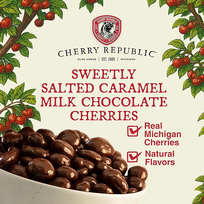 Cherry Republic Caramel Milk Chocolate Cherries 12 oz - Sweetly Salted Caramel Candy Made with Real Michigan Dried Cherries Handcrafted Sweet &amp Tart Milk Chocolate Candy for Gifting or Snacking